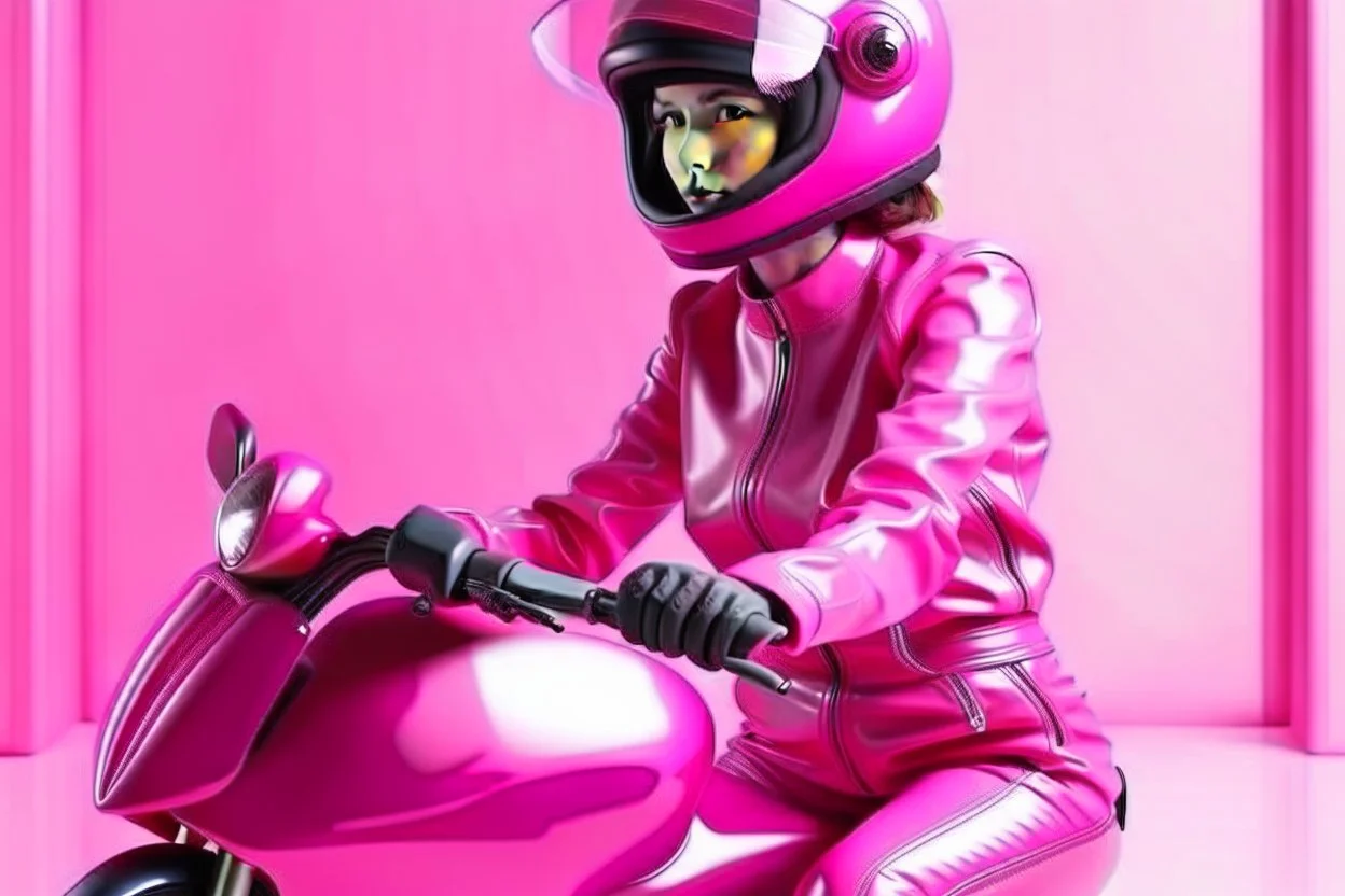 Hyperrealistisch stämmige, üppige Frau völlig verhüllt von pinkfarben glänzender Motorradkombination mit spiegelndem Visier in pinkfarbenem, geschlossenem Helm fährt pinkfarbenen Elektro Scooter