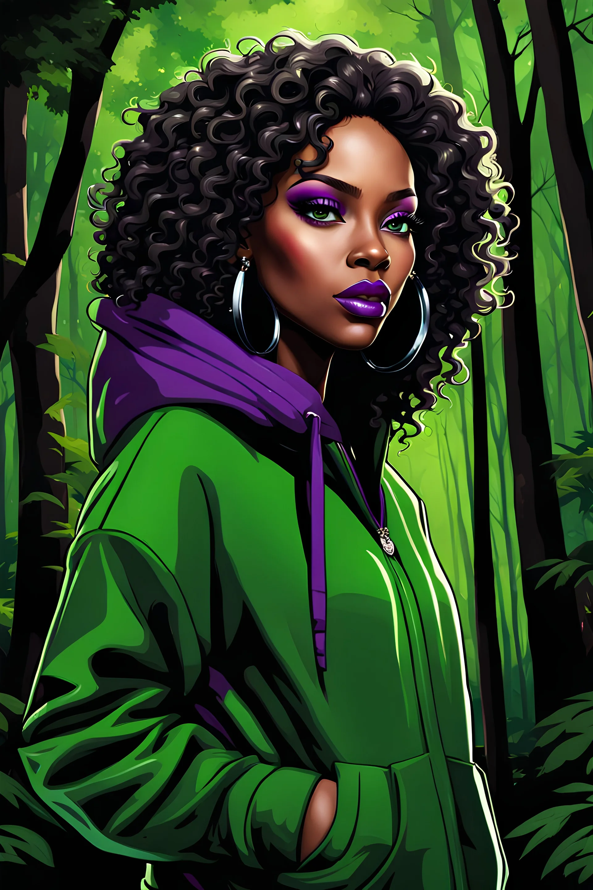 HYPER REALISTIC Graffiti, closeup, WHIMSICAL DIGITAL ILLUSTRATION, HD, HIGH CONTRAST CHIBI STYLE STUNNING AFRICAN AMERICAN WOMAN WITH BEAUTIFUL large, green-colored EYES, fierce makeup, black shoulder length curly hair, LONG LASHES AND LIP GLOSS WEARING An OVERSIZED black and dark purple sweatsuit, WALKING FORWARD along a wooded path BACKGROUND, REALISTIC TEXTURE, CREATIVE, CINEMATIC, PHOTOGRAPHY SEAMLESS.