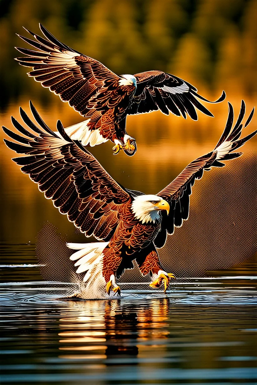 An image capturing a majestic eagle in flight, gripping a large fish in its talons as it soars above a winding river. The sunlight glistens on the water below, and the eagle's powerful wings spread wide against the sky. The scene showcases the eagle's incredible hunting prowess and the dynamic beauty of the natural world.