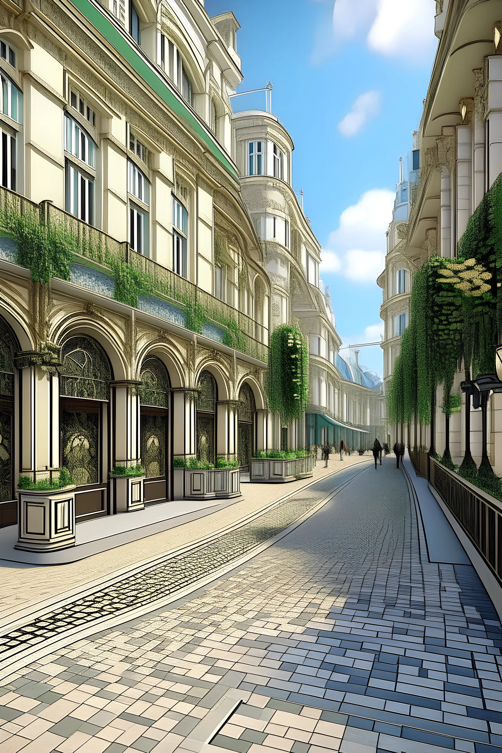 the design of the pedestrian street environment in the Art Nouveau style and fabulous style