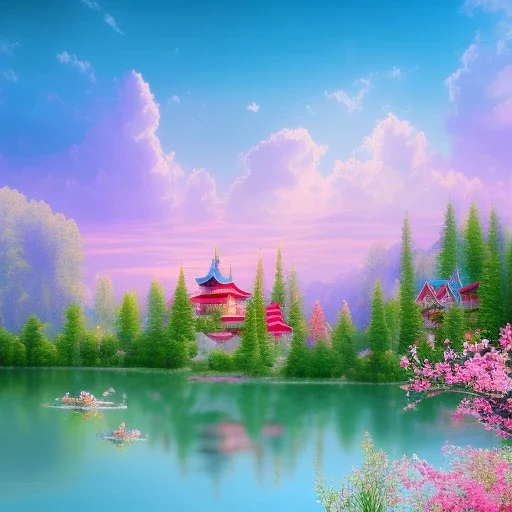 jolie petite maison asiatique lacustre, lac turquoise, ciel rose et bleu, lumière, fleurs délicates