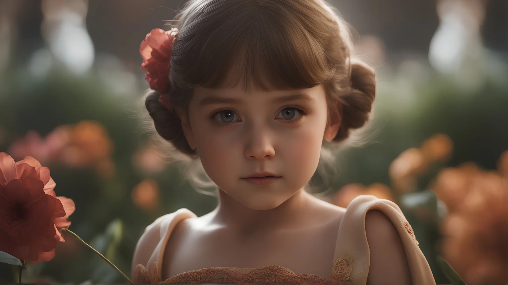 little girl, head and chest, perfect eyes, flowers, exquisite composition, beautiful detailed intricate insanely detailed octane render trending on artstation, 8k artistic photography, photorealistic concept art, soft natural volumetric cinematic perfect light, chiaroscuro, award-winning photograph, masterpiece, raphael, caravaggio, greg rutkowski, beeple, beksinsk