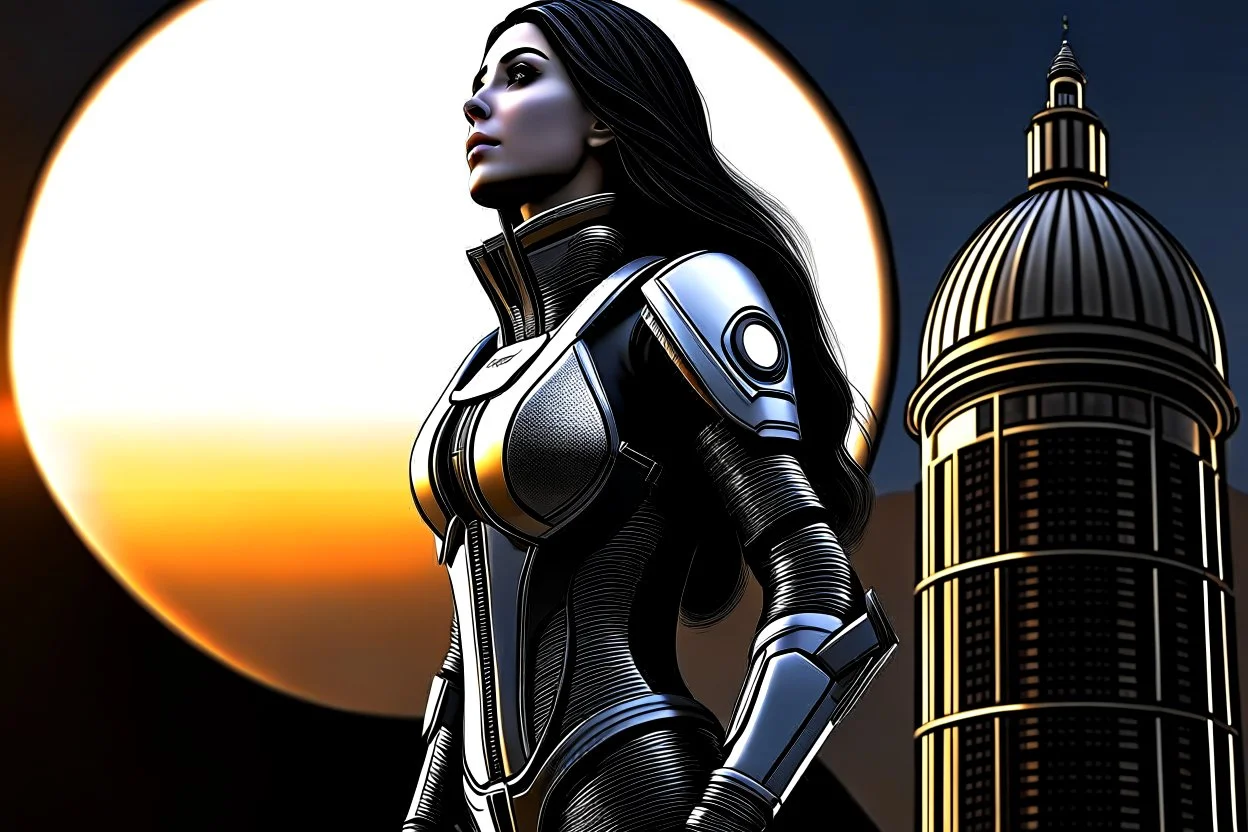 A slim Woman With Black shoulder length hair, Wearing a silver and black space suit, with no helmet, standing sot the right, sideways on a ledge of a building, with a moon Behind Her Head, towering spires and buildings highlighted by the setting sun