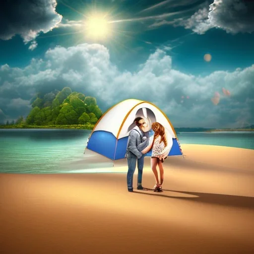 2 lovers last kiss in sand island with tent and river background