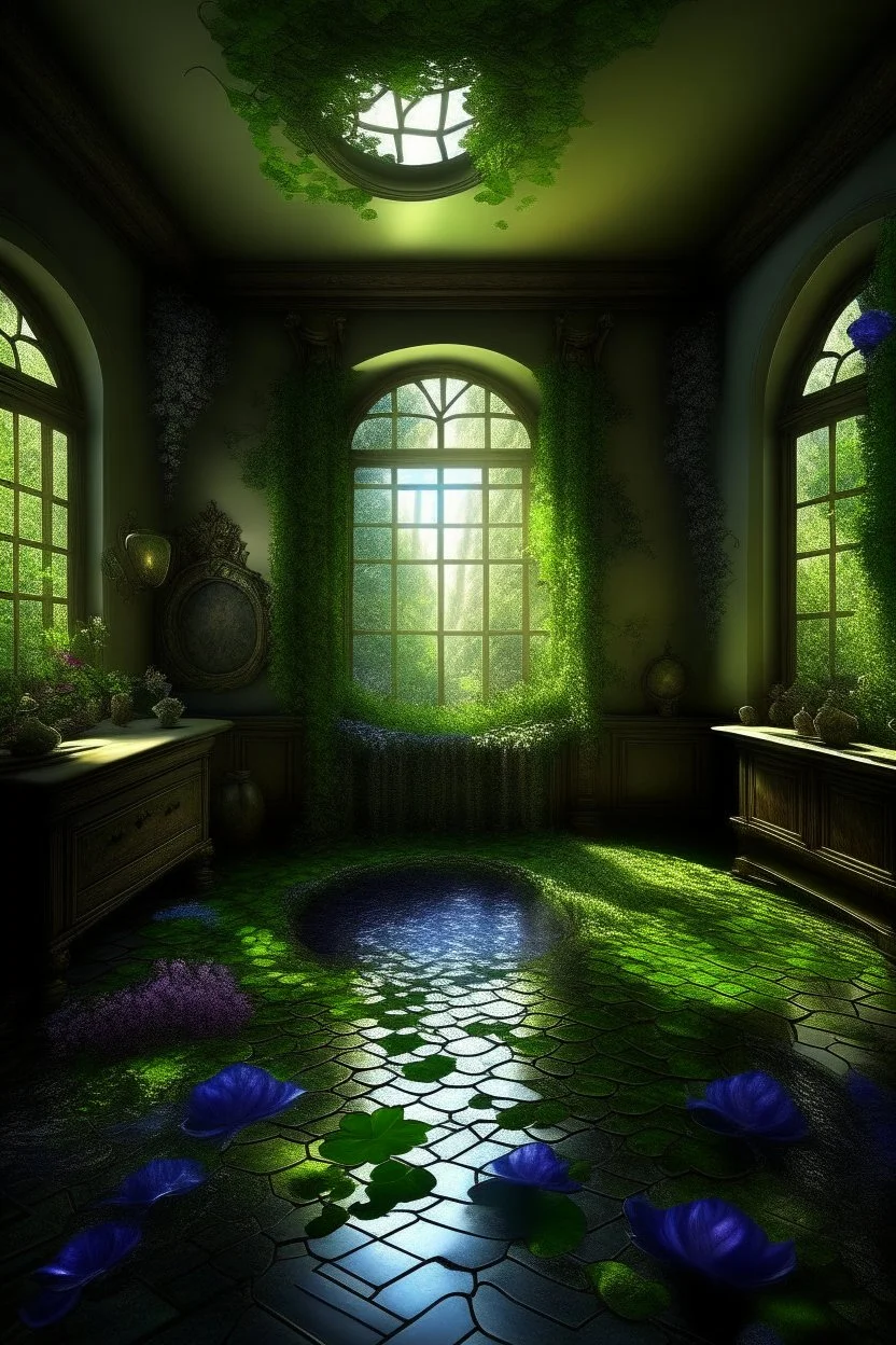 fantasy, gothic, vintage , fairy room ,open area without a wall,colorful petunia, lots of greenery, moss, ivy, morning light, near a stream, pond, blue wisteria, photorealistic painting, high detail, hyperdetalization, megarealism, surrealism, fractal, filigree, botanical fantastik, beautiful, aesthetically pleasing, saturated, exquisite, magically, gently, clear details