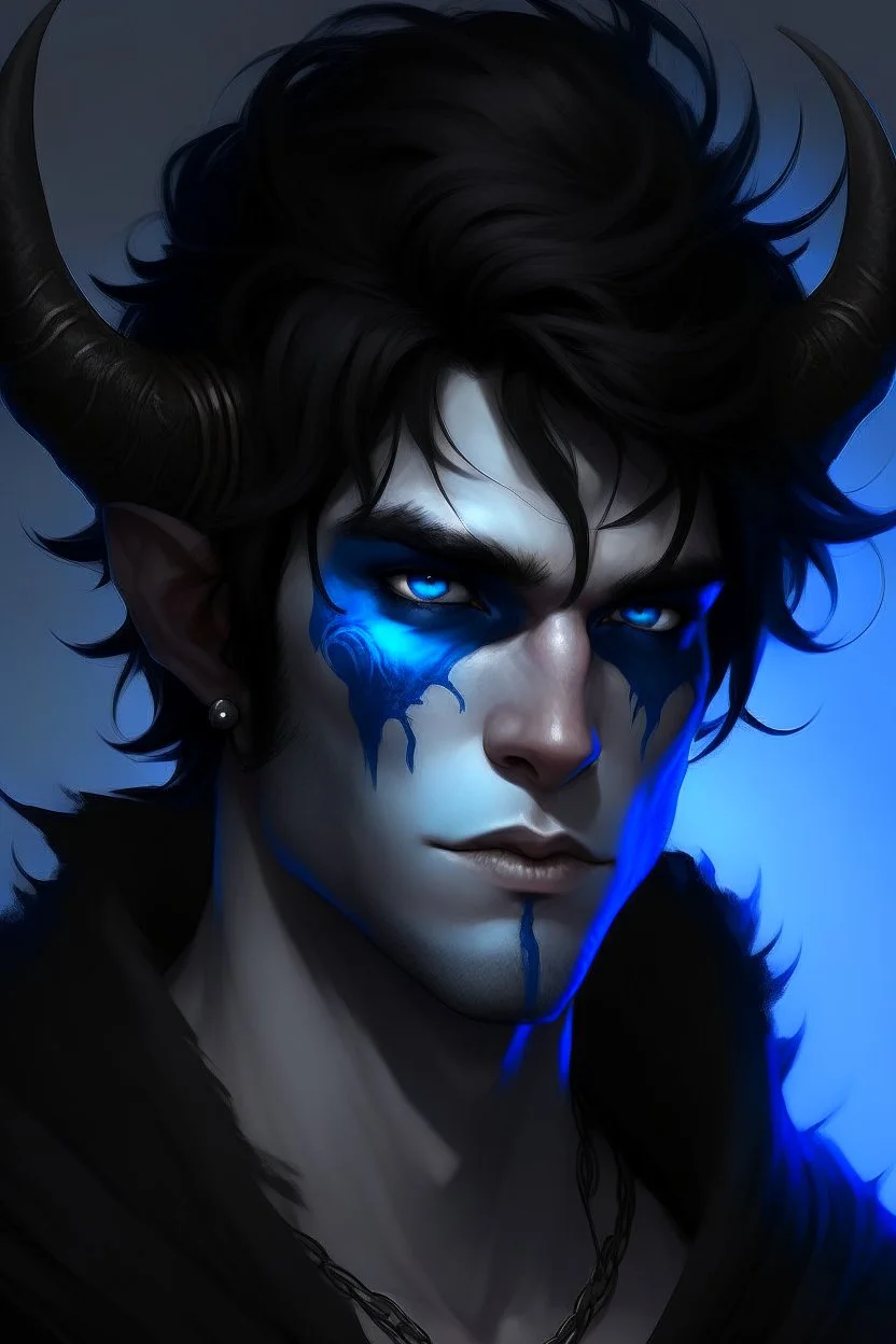 An male demon with dark, messy, black hair, black horns, and bright blue eyes.