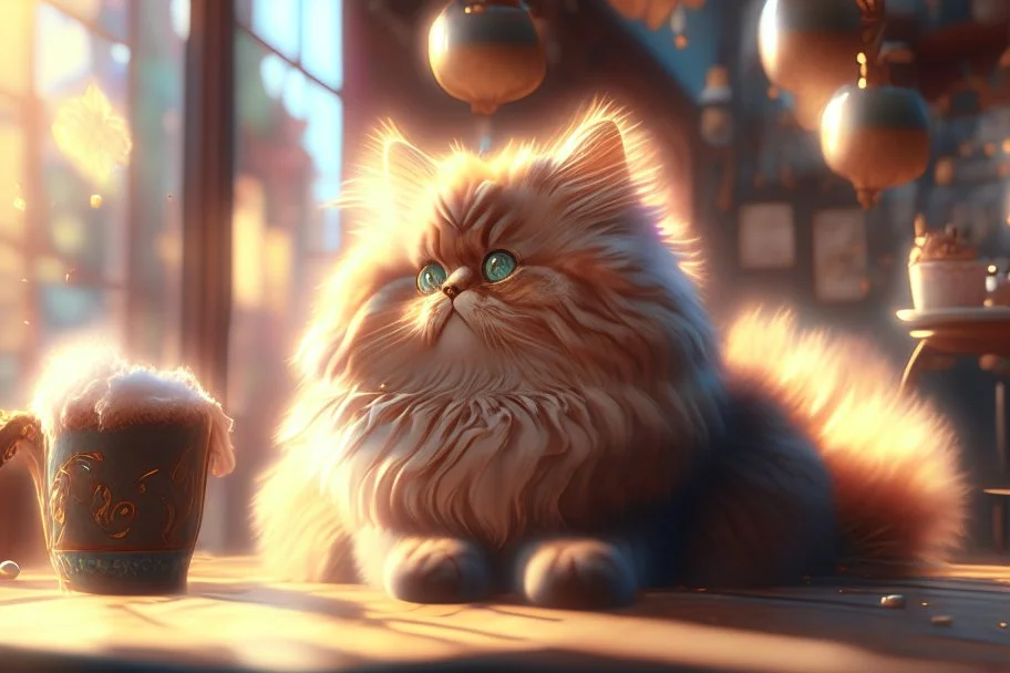 cute fluffy cat in a coffeehouse in sunshine Weight:1 detailed matte painting, deep color, fantastical, intricate detail, splash screen, complementary colors, fantasy concept art, 8k resolution trending on Artstation Unreal Engine 5 Weight:0.9