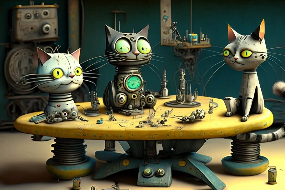 Happy cats sitting on a table :: industrial robotic cats, characters from machinarium pictoplasma, assemblage of naive art and les automatistes, by Alexander Jansson and Leo Lionni, a storybook illustration of a surrealist cat sculptures, cgsociety and behance contest winner