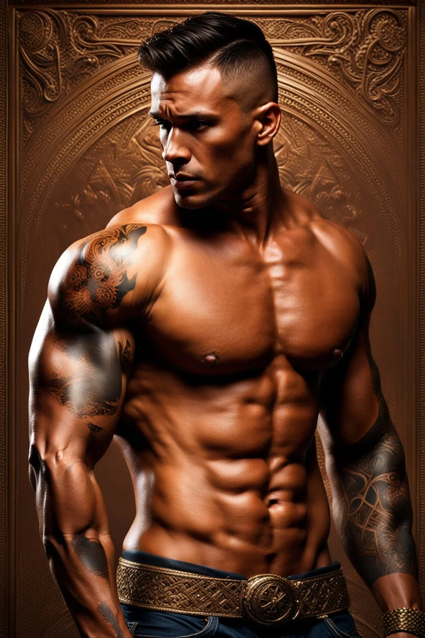 portrait of a 35 year old Handsome muscular shirtless male with light bronze skin adorned with tattoos. photorealistic