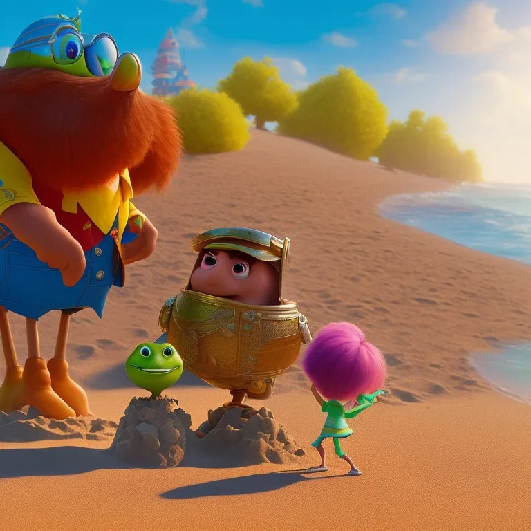 The hangman and the locust on the beach happily making sandcastles in the sun, art by Pixar and Dreamworks