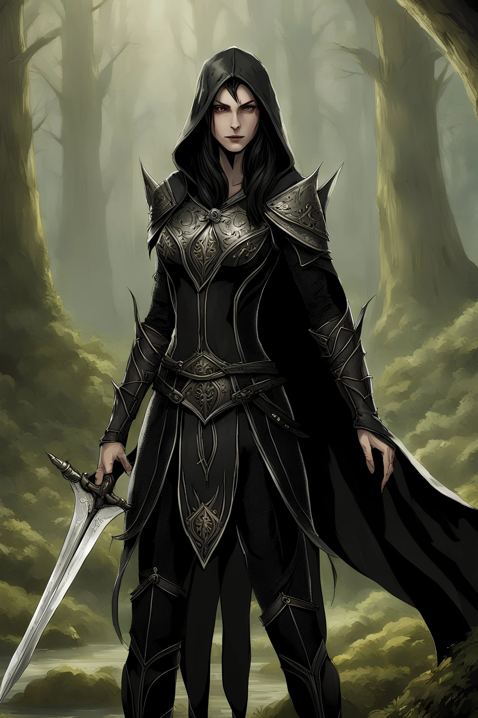 more realistic picture ,Young female elf, very beautifull, standing and holding two daggers, show her whole body, standing, she is medium long with black long hair, DARK GREY SKINNED OR LIGHT BLACK LIKE DROW ELF, her eyers are silver shiny, very dark black leather armors on her, and dark brown cape, fantasy, make good hero picture