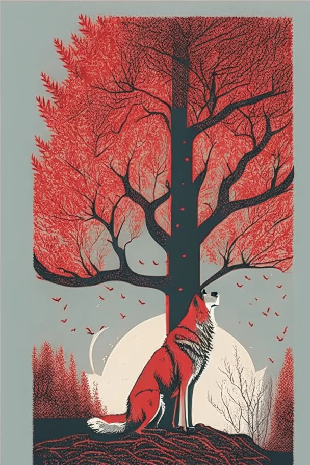 in a cosy vintage style, a wolf marvels at a red tree