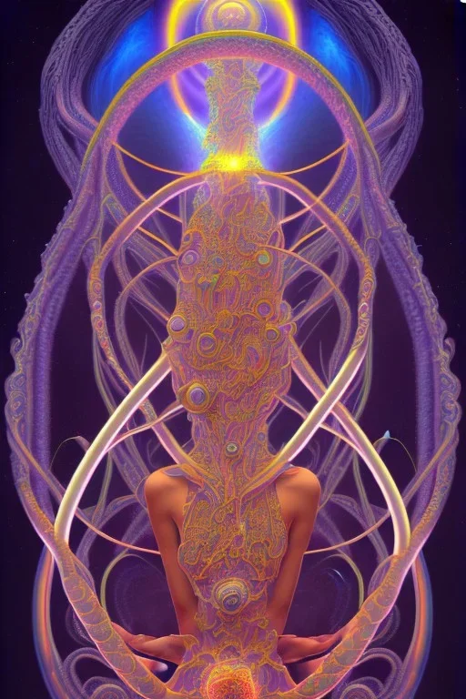 Spiritual being with Tentacles over human Head creating reality around, wrapping Spiral around Human, Psychedelic