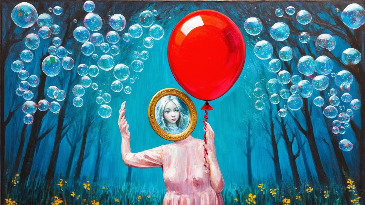 Bubble Wonderland, A figure is holding a mirror that reflects their hidden expression, gouache, mirrored foil, red ballon, primitive, symbolism