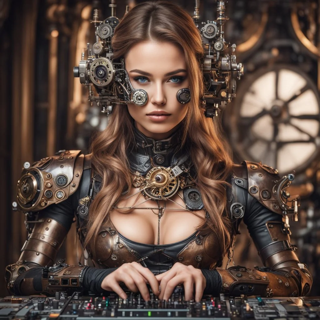 Front view half body gorgeous Realistic Photography beautiful super model Russian as playing Dj player with body full mechanical steampunk cyborg realistic beautiful woman hyper detailed