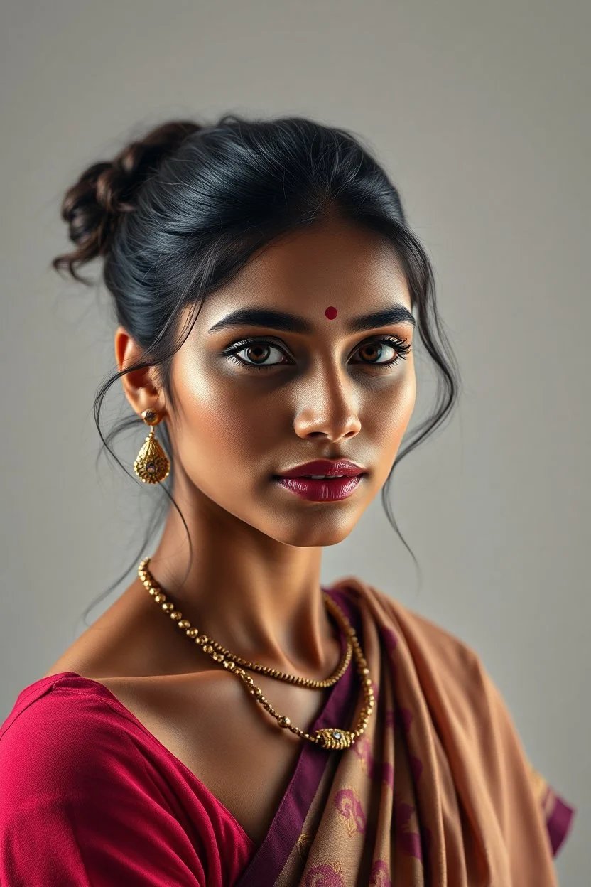 A pretty modern woman from India full body , looking at the viewer, studio photograph, very aesthetic, highly detailed, brilliant composition, hyper realistic, photorealistic, subsurface scattering matt painting