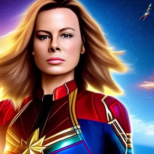 Captain Marvel,flying in the sky, hair on fire, realistic, vibrant colors, Kate beckinsale's face, long hair, gold angel wings, full body, in space, muscular, hyperrealistic, airplane, deathstar, facemask, topless, nuclear explosion, beauty happy face