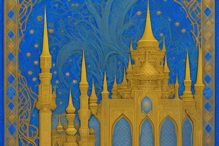 an open gothic_Arab gate in a blue-and-gold-tiled wall with a view of an old city by artist "Beardsley",by artist "Rackham",by artist "Bertha Lum",by artist "Dulac",by artist "Erte"