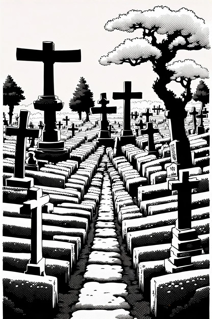 landscape, Japanese open air flat cemetery with thousand gravestones, high detail, manga style, grayscale