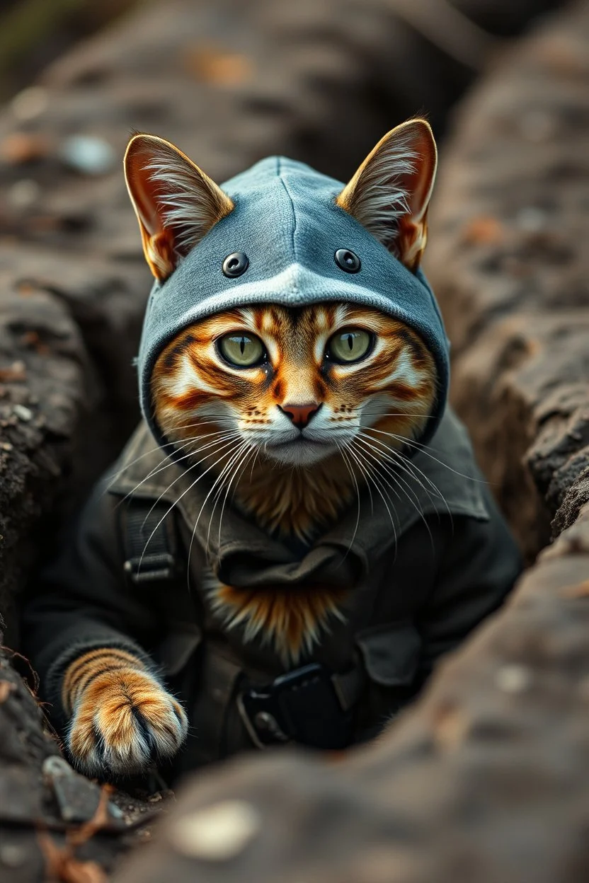 cat with shark mask hat solana in the ww3 trenches in the style of banksy