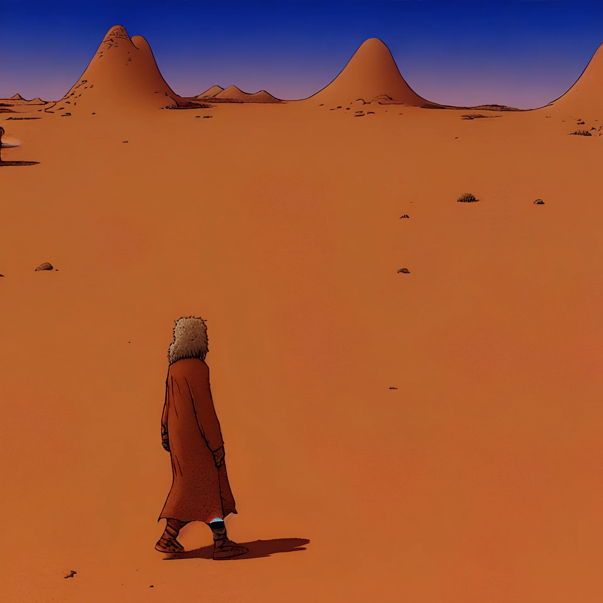 A giant walking through a desert by Moebius