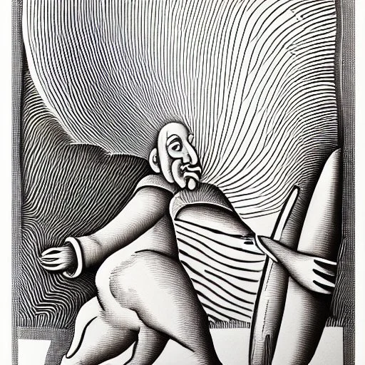 hand drawn in single line by Nicolai Blatter with hatch with parallel wavy lines metal engraving representing the Adventures of Don Quixote de la Mancha in bosch style or salvador dali style