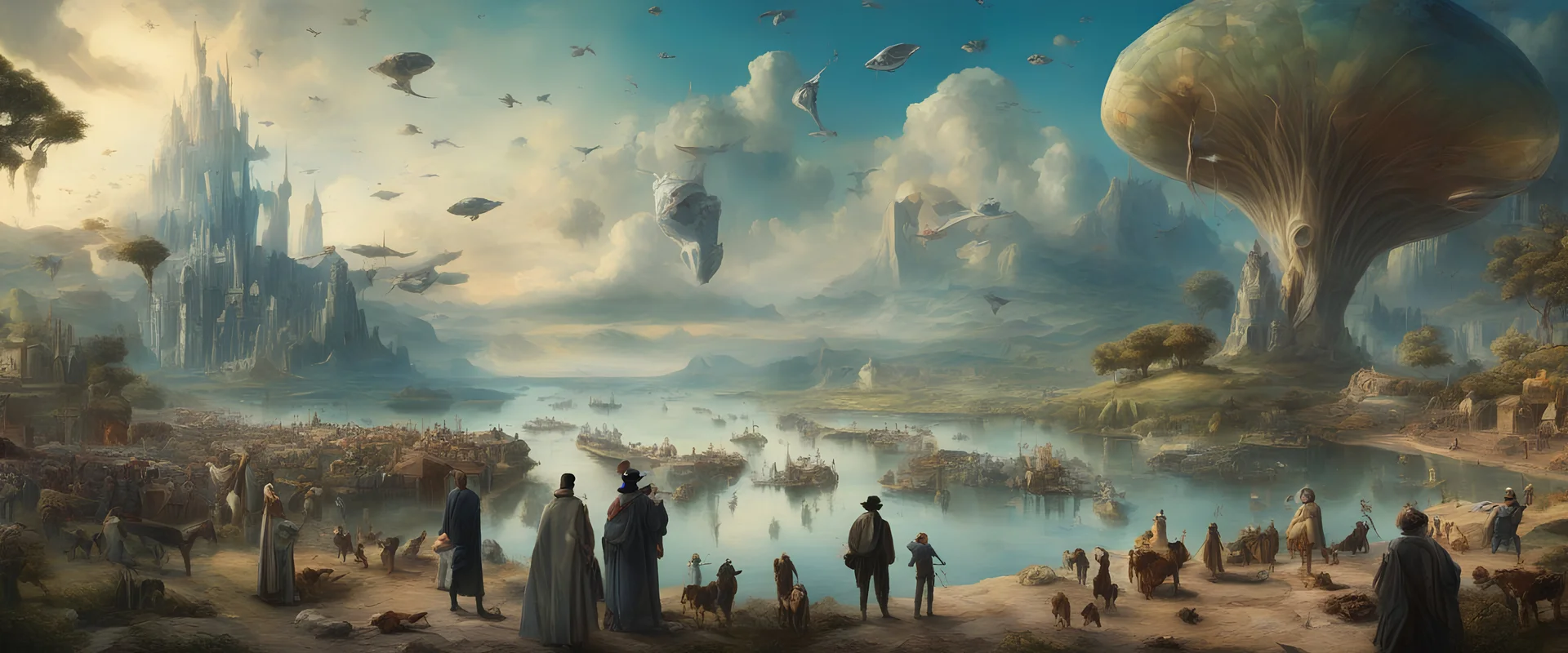 Salvador Dali and Hieronymus Bosch talking to each other at an outdoor surrealist market. A herd of dream-like sky-fish swim high in the far distant sky, with a beautiful surreal outdoor countryside summer scene with hills, waterfalls, and an intricate fractal sky, very high detail, photorealistic, epic cinematic, 8K, Large depth of field