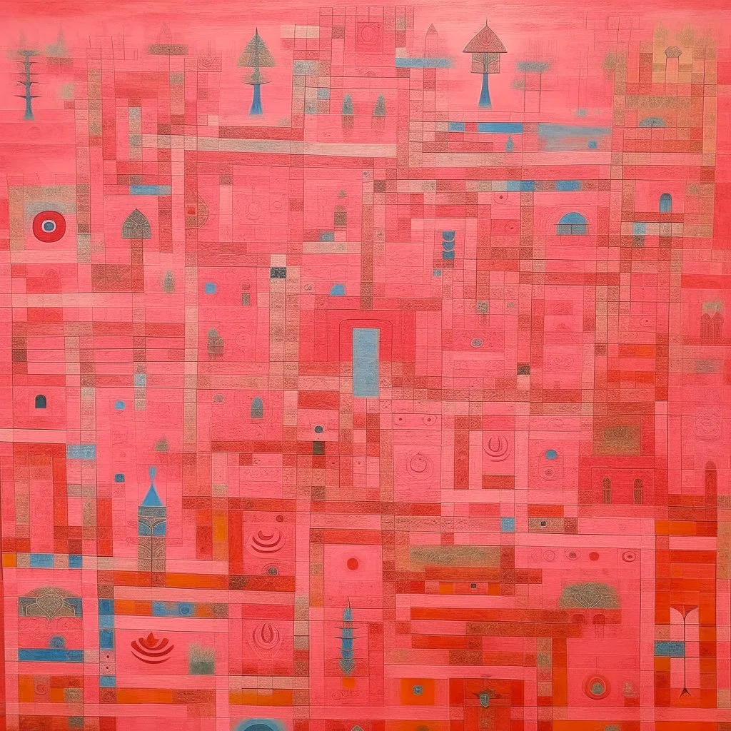 A pink wonderland with a magical maze painted by Paul Klee