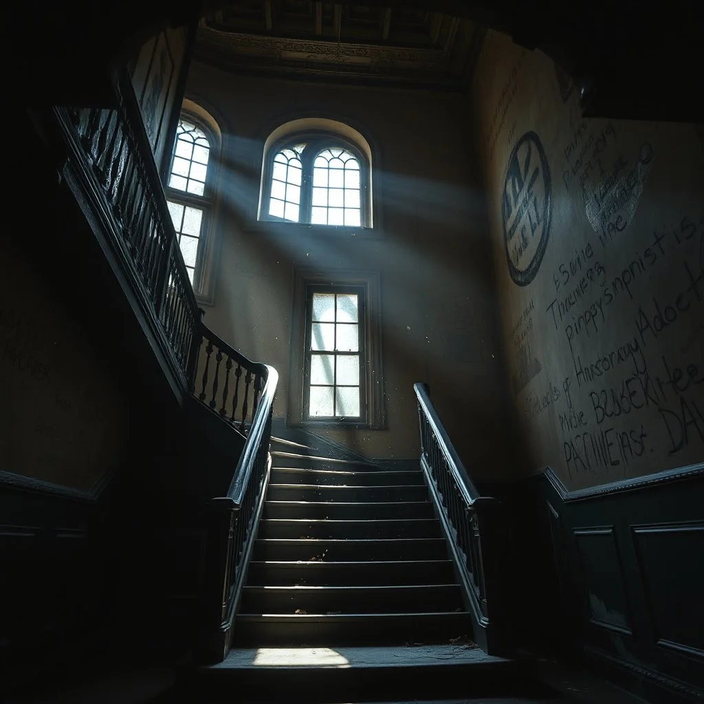 Award-winning fine art photography of an abandoned grand staircase illuminated by soft window light, particles floating through the air, dramatic chiaroscuro, rich textures, nostalgic atmosphere, masterful composition, museum-quality fine art photography, ultra realistic, masterpiece, 64 k