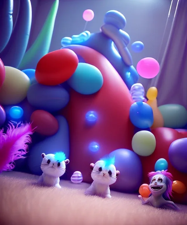 Ultra realistic speed room scene, wide angle view, childs playing with feather pillows and inflatable monsters, circus dress style, feather color, free jumping, many trinkets, hair monster, many jelly beans, balls, smile, extreme, wind, soft color, highly detailed, unreal engine 5, ray tracing, RTX, lumen lighting, ultra detail, volumetric lighting, 3d, finely drawn, high definition.