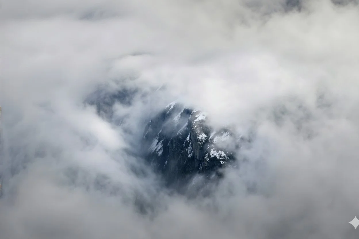 large scale, far away. a massive sheer snowy mountain cliff with very sparse vegetation scaling vertically into the sky, partially obscured by dense clouds(color d0d1d5) and mist. the borders — top, bottom, left, and right — fade smoothly into thick fog, while the center reveals the steep, far away rocky cliff face with fine texture and detail. atmospheric lighting, cinematic composition, natural colors, high contrast between fog and stone. photography