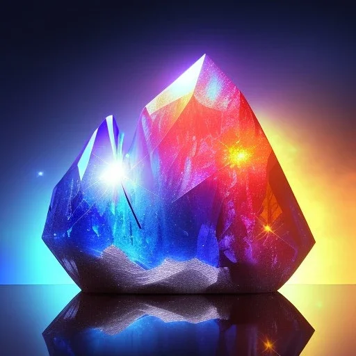 photograph of a (one massive colorful crystal:1.2) growing out of the rocky mountain, (focus on crystal:1.2), 4k, 8k, (highly detailed), ((landscape)),(translucent crystal:1.1), light going trough the crystal, bokeh, chromatic aberration, mountain view, blue and pink background