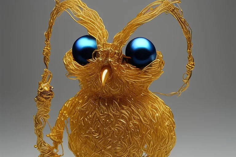 owl sculpture made of gold wire, real pearls, driftood and cotton balls