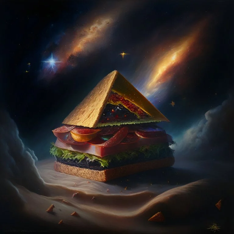 An oil painting of a dark universe sandwitch