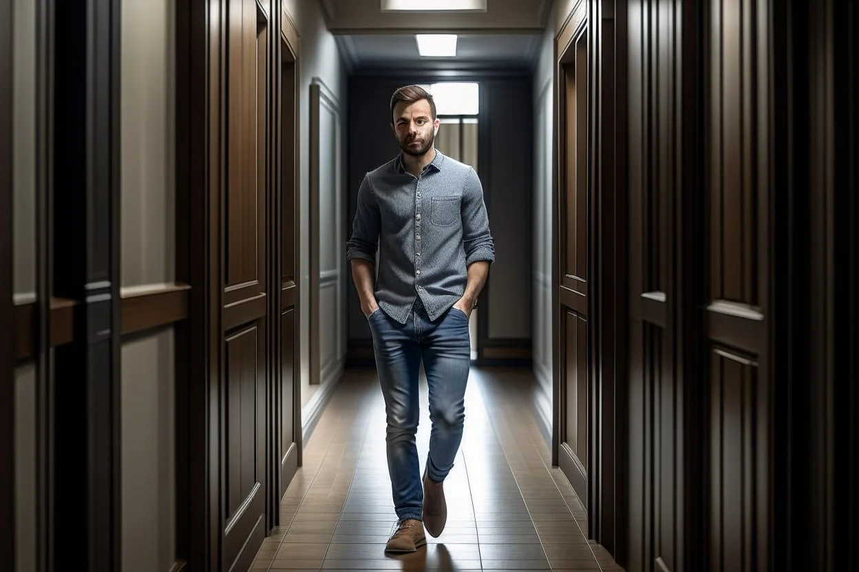 man in jeans and a shirt standing in a corridor of doors