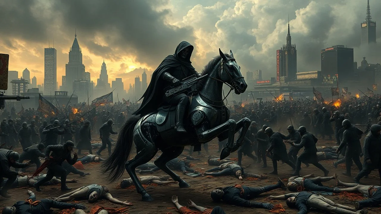 cyberpunk interpretation of Bruegel's "The Triumph of Death", capturing the symbolic "harvest" of humanity. this is terror. A dystopian metropolis under smog sky, where cybernetic grim reapers are executing physical harvest. Many of humans citizens killed an army of cyberwarrior androids and robots, panicking running people, many bodies lying on the ground. a cyber-death warrior in black hood with futuristic gun on a mechanical robot horse, thriller, detailed, cinematic