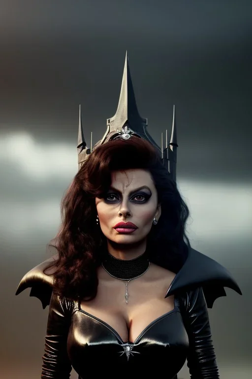 young sophia loren as evil queen in black leather, angry, stern look, volumetric lighting, particales,highly detailed,cinematic, deep colours,8