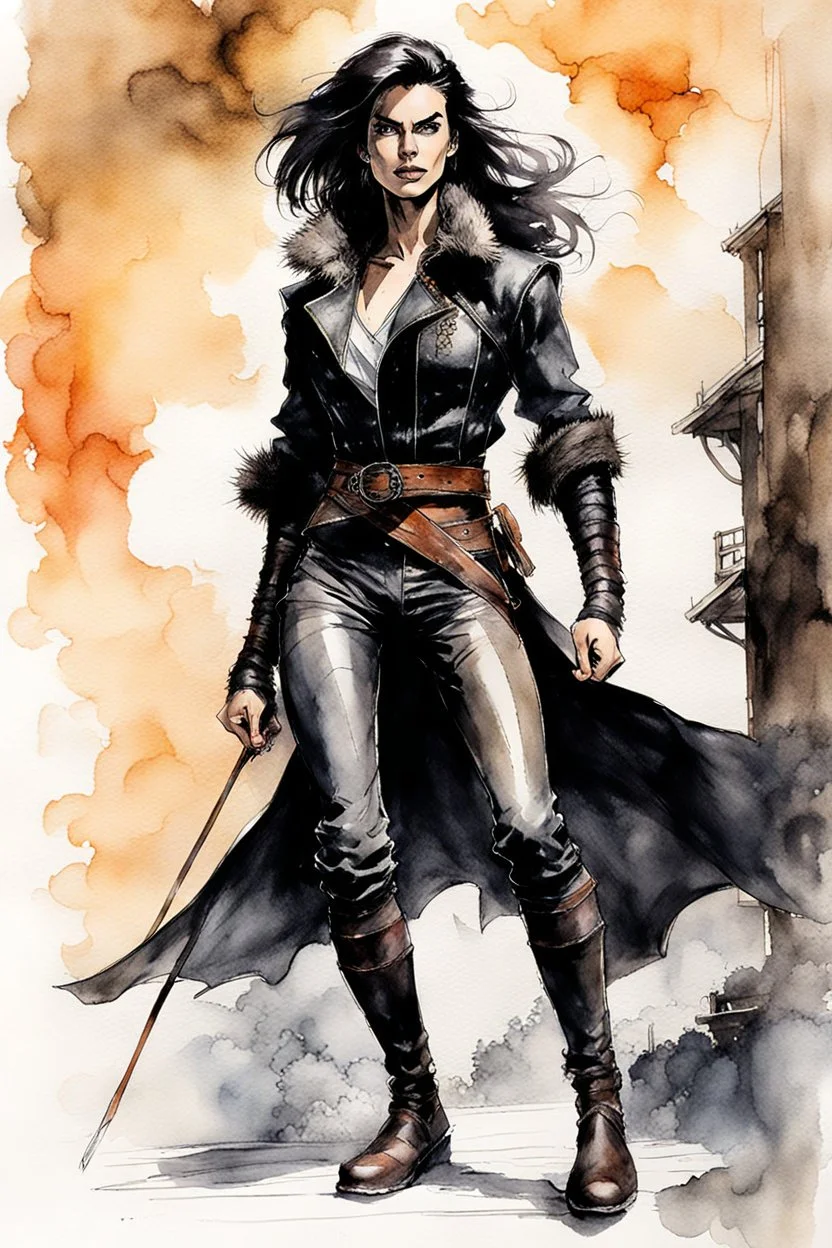 Create a masterpiece ink wash and watercolor of an epic fantasy Lankhmar female thief character slim in stature, with shoulder length hair, finely lined and detailed facial features, in an fur collared leather doublet and breeches , a short oriental cloth belt at the waist, stealthy soft leather slippers, , in the comic book style of Bill Sienkiewicz, Howard Chaykin, Mike Mignola, Philippe Druillet, and Jean Giraud Moebius, precisely drawn, colored and inked,