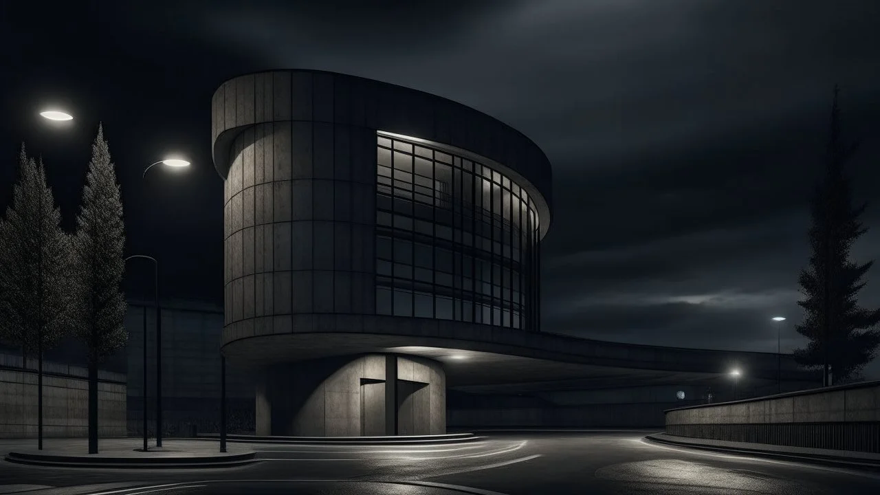 A large, modern architectural structure with curved concrete walls and a street lamp illuminating the scene in a dark, moody atmosphere