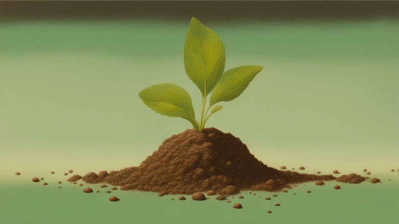 The painting shows a small mint seed buried in the ground. The artist uses brown and light green colors to depict the initial growth of the plant. The seed emerges in the nutrient soil and receives sun and water to grow.