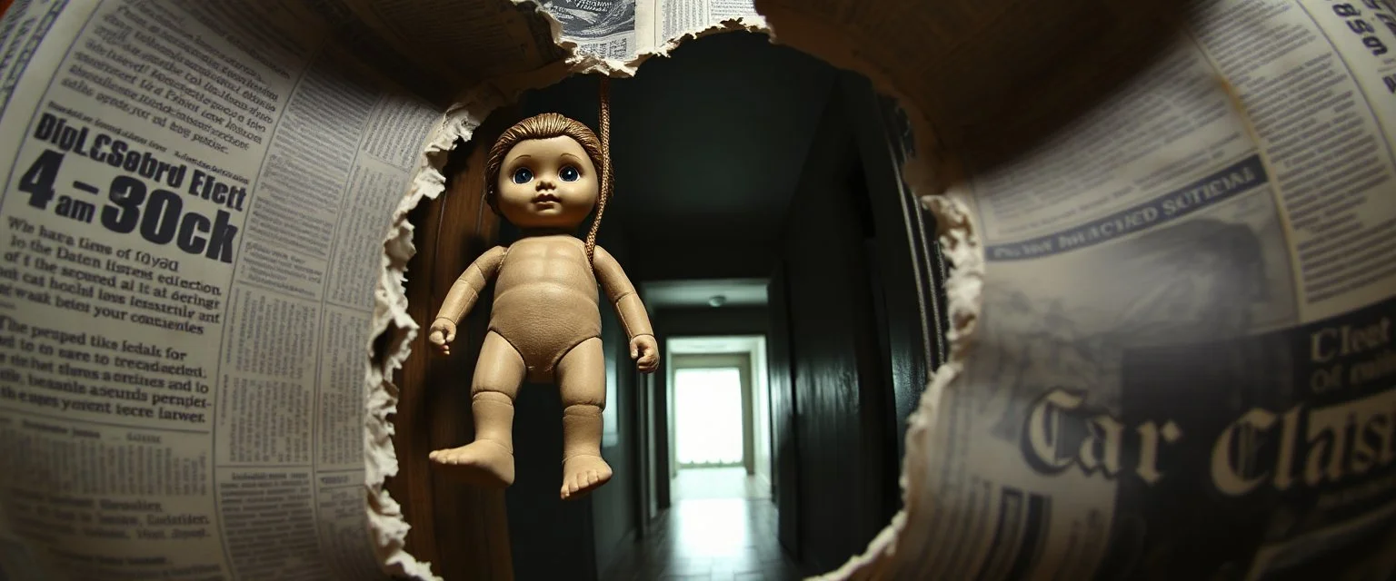 newspaper cut out, terror doll barely hanging on, master oil painting by Escher and Giger, sodom in the style of Fallout 4, pinhole cam pic, dimensional door, tear in the fabric of reality