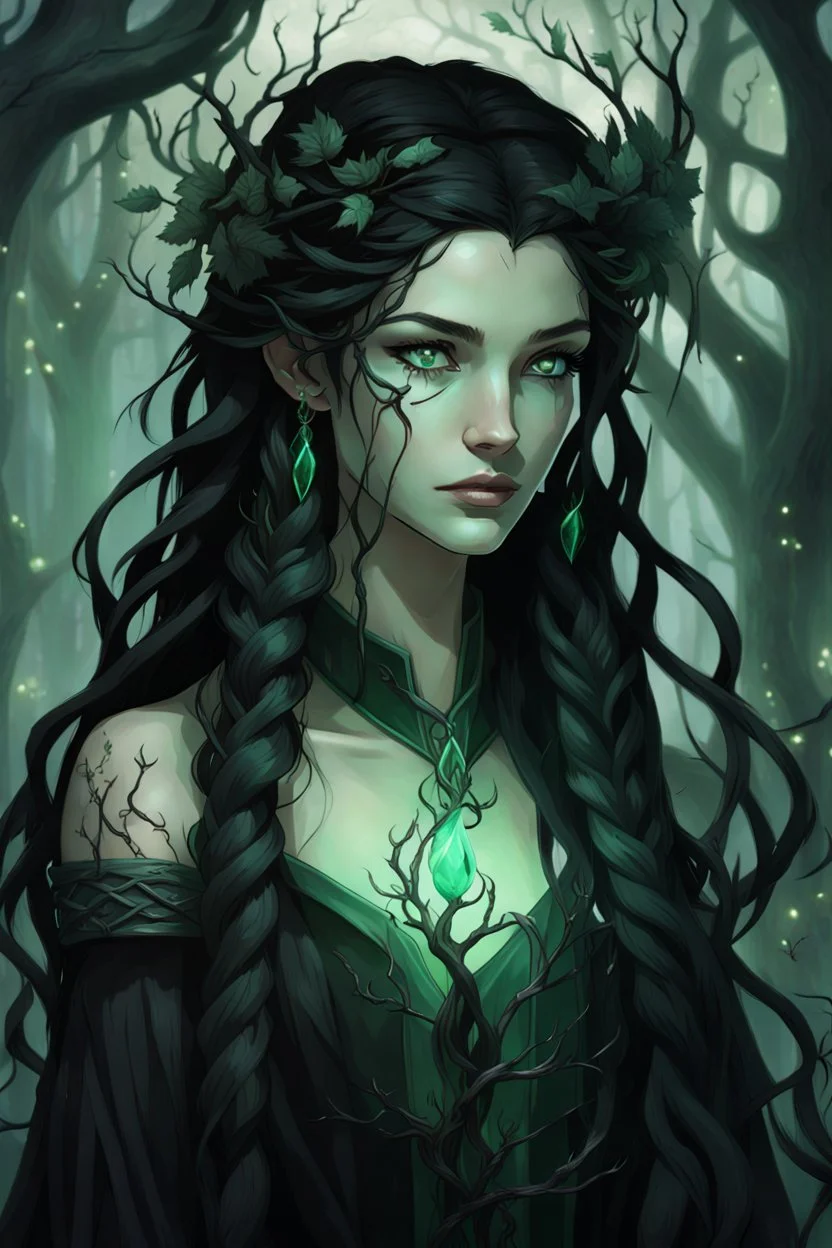 Young beautiful female Hexblood Warlock, long dark brown-black hair styled in elegant half-braids, glowing pale emerald-green eyes, delicate facial features. Thin twisted black thorn-like branches grow naturally from one side of her head, weaving seamlessly through her hair like an eerie crown, with tiny dark leaves and vine-like roots blending into her scalp. Faint dark vine markings trail along her neck and collarbone. Dark fantasy, realistic, cinematic, highly detailed.
