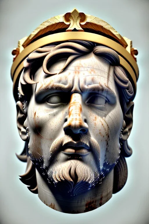 Ultra Realistic image, Roman sculpture, white marble material, Lionel Messi, gold Laurel leaves wreath, renaissance ornaments, radial gold lines, one gold star in heart, radial composition, geometric ornaments, blue marble background, chisel style, waist up portrait, emperor style, epic, celestial, cinematic lighting, God light, god rays, 4k resolution, smooth details, ornate details, soft lighting, unreal engine 5, art station, substance 3d.