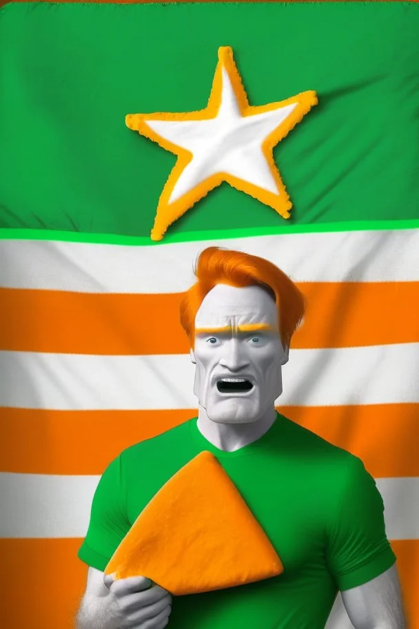 Conan O'Brien with bright orange hair holding orange cheese. "Esperanto flag in background". Green-flag-with-white-star. Green flag in background