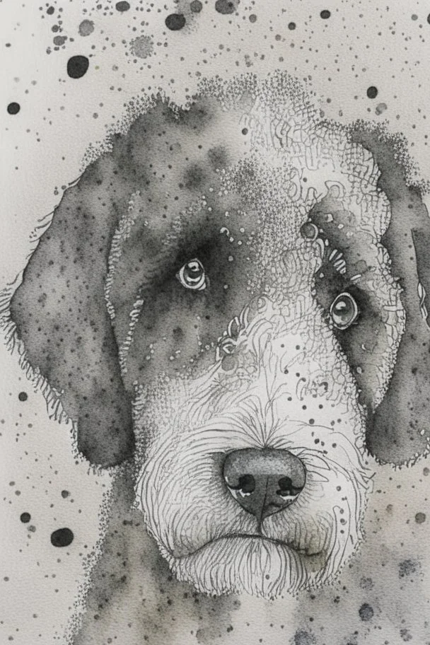 Abstract wet watercolour of the head of a black and white bernadoodle, ink lines, interlinked circles, detailed,focus on eyes, watercolour paper