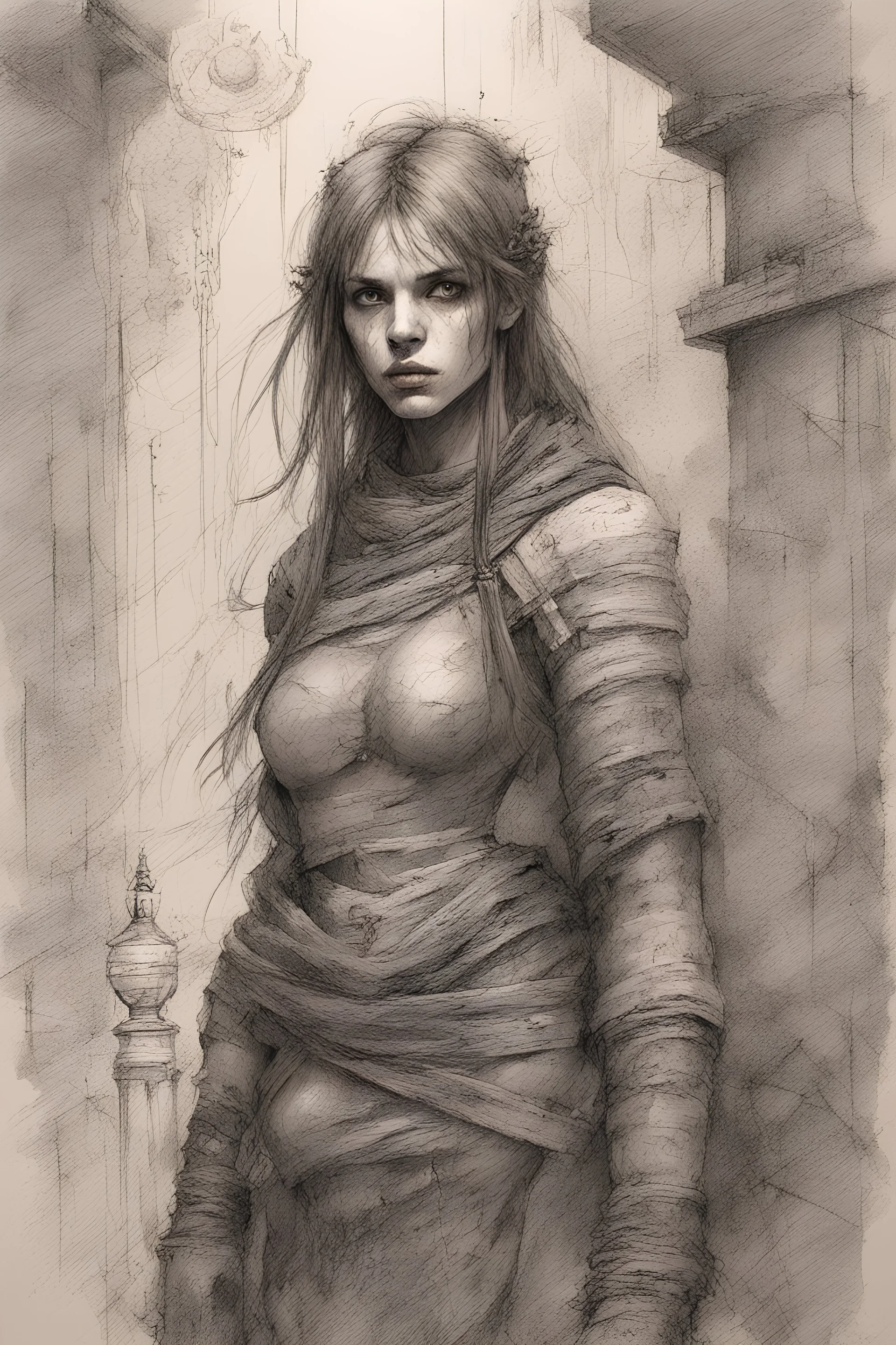 A stern girl warrior, in an ancient dungeon, broken columns, smoky lamps, semi-darkness, horror and fear, black pencil, sketch, Dmitry Kustanovich