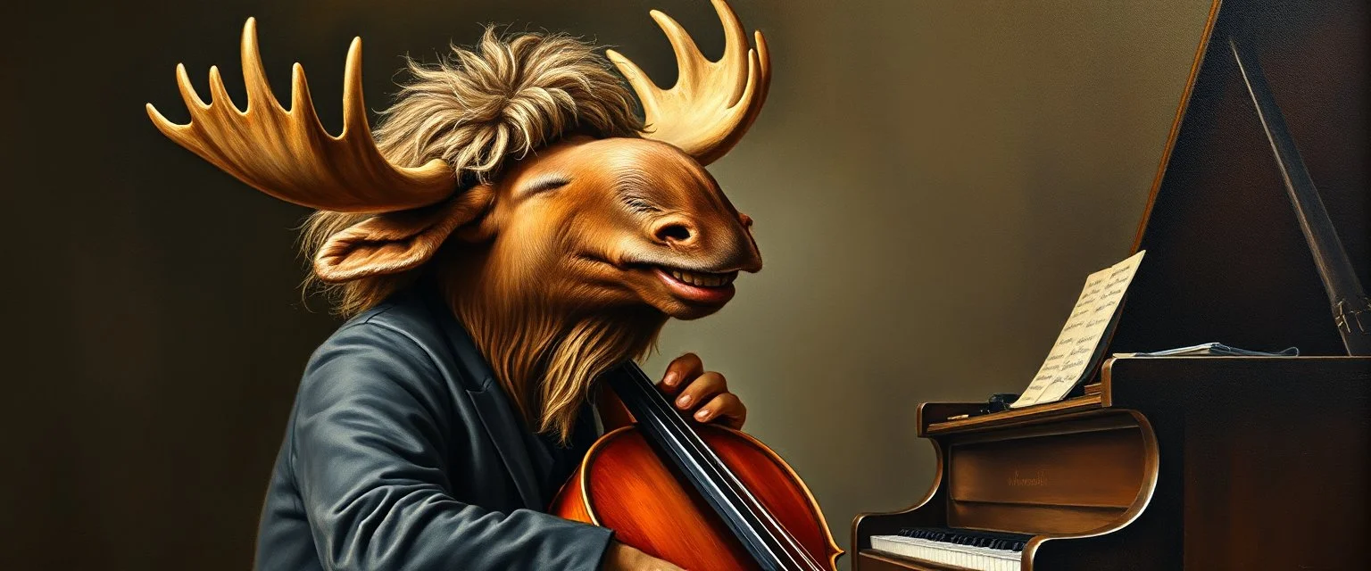 master oil painting by Rembrandt, laughing opera mozart moose with a wig, playing big big cello piano