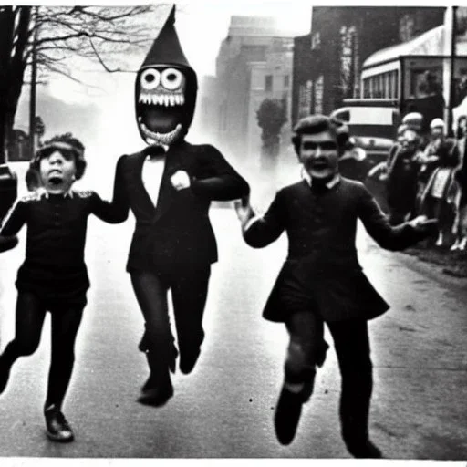 Creepy old photo of rainbow zippy monster chasing children at new year