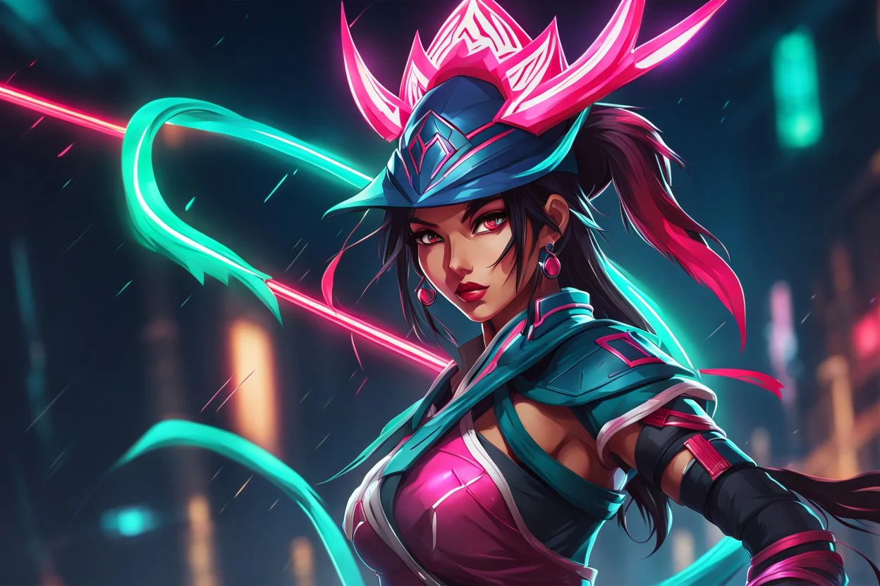 Akali in 8k anime drawing style, akali custom, msak, close picture, rain, neon, intricate details, highly detailed, high details, detailed portrait, masterpiece,ultra detailed, ultra quality
