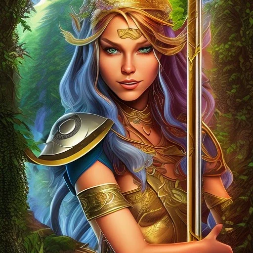 movie poster, A beautiful elf with cutter, pool and letah from elfquest(by Wendy & Richard Pin) with very long hair, in forest